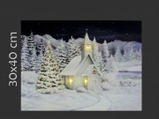 CQ00849 3+40 LEDes világító falikép havas templom + karácsonyfa 40x30cm