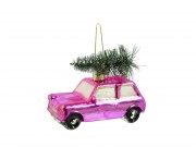 CQ5915 Karácsonyfadísz üveg pink autó+fenyőfa 10x8cm
